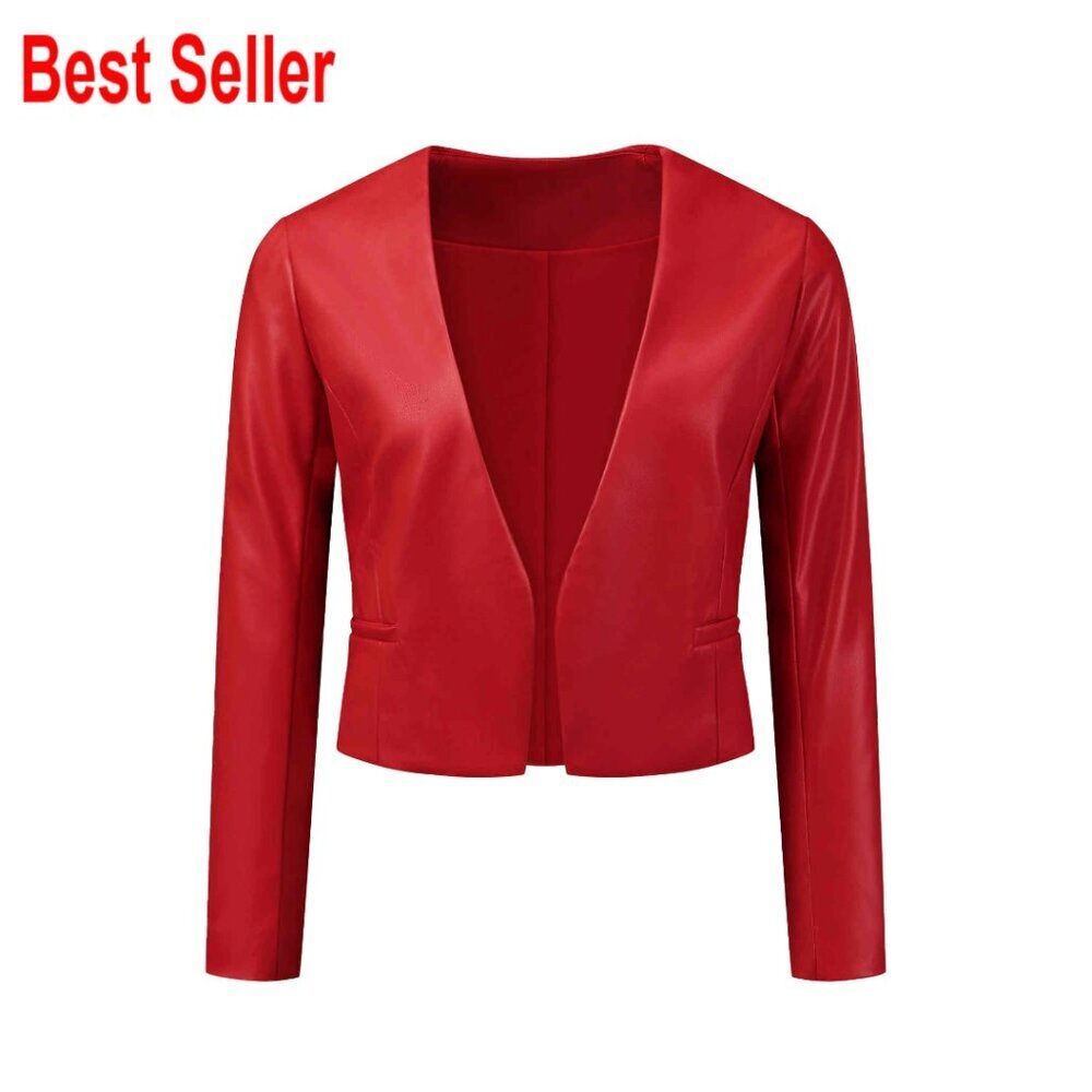 Faux Leather Crop Jacket, Collarless Open Front, PU Moto Biker Style